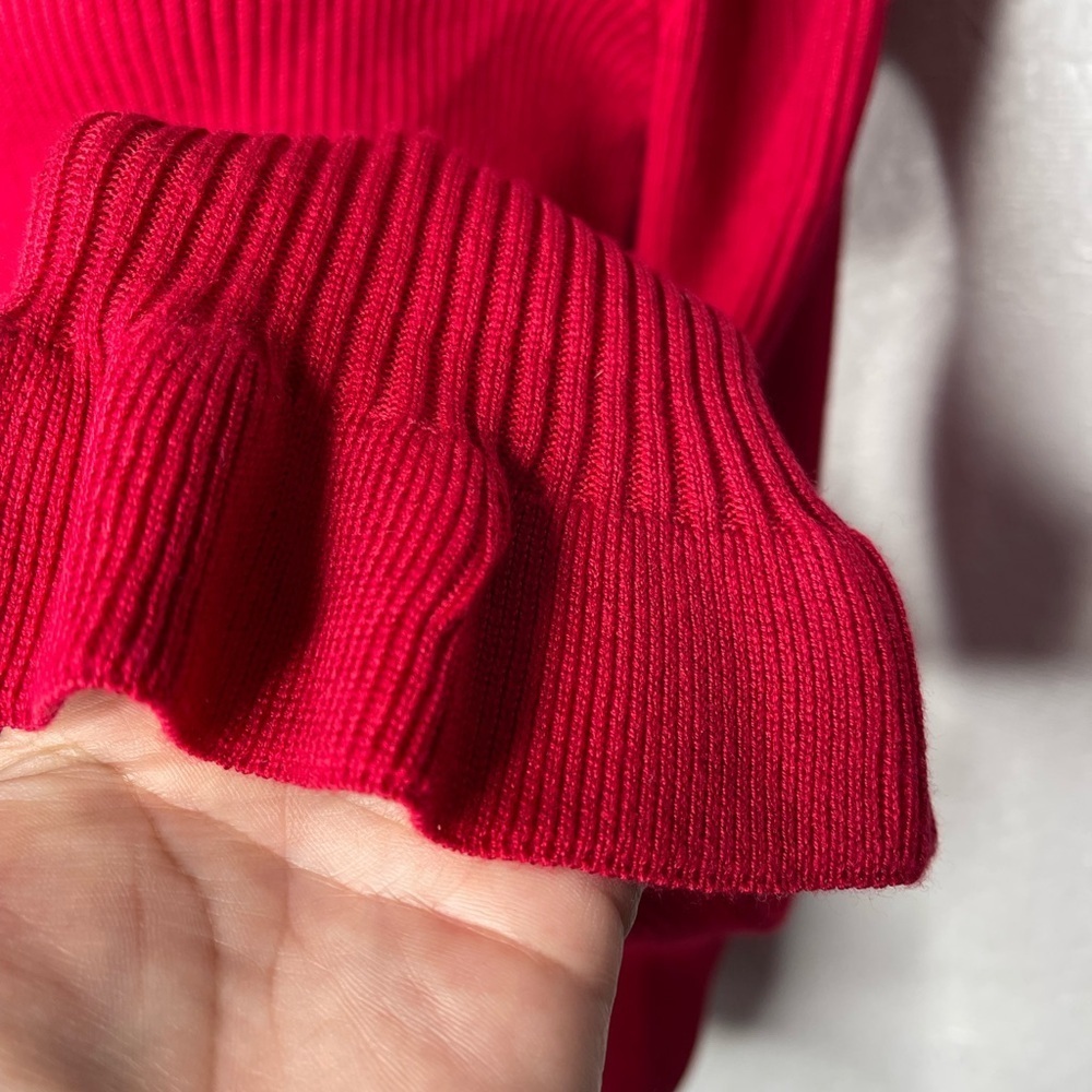 Tahari Vibrant Red Holiday Ribbed Long Ruffled Sleeve Top Party Christmas Large - Picture 9 of 12